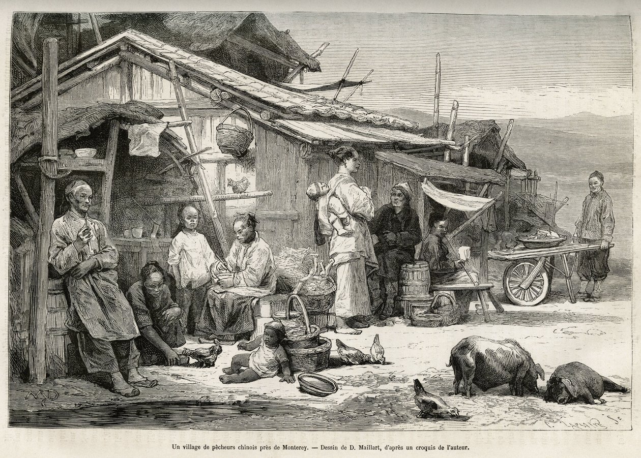 Un pueblo pesquero chino cerca de Monterey, California, testimonio de la importante comunidad china establecida en la costa del Pacífico de los Estados Unidos. Grabado después del dibujo de D. Maillard, para ilustrar la historia La conquista blanca, por Wi de French School