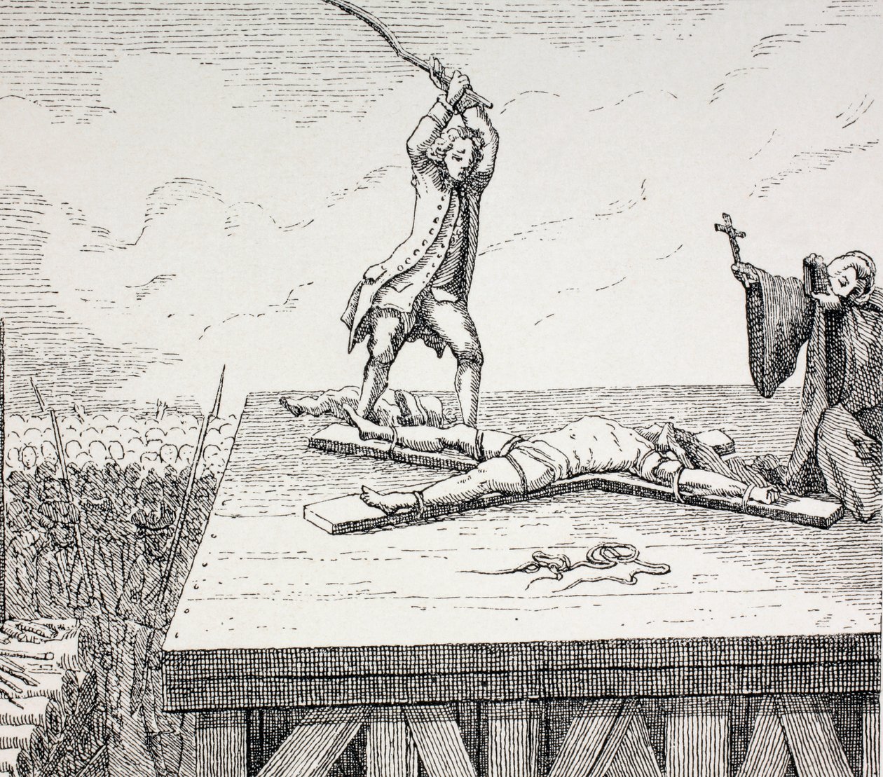 Un criminal condenado a muerte siendo quebrado en una cruz de San Andrés en el siglo XVIII en Francia, 1875 de French School