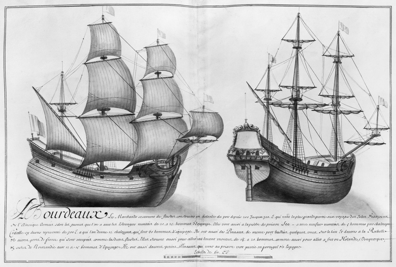 Un barco tienda holandés y una pinaza, Burdeos, ilustración de 