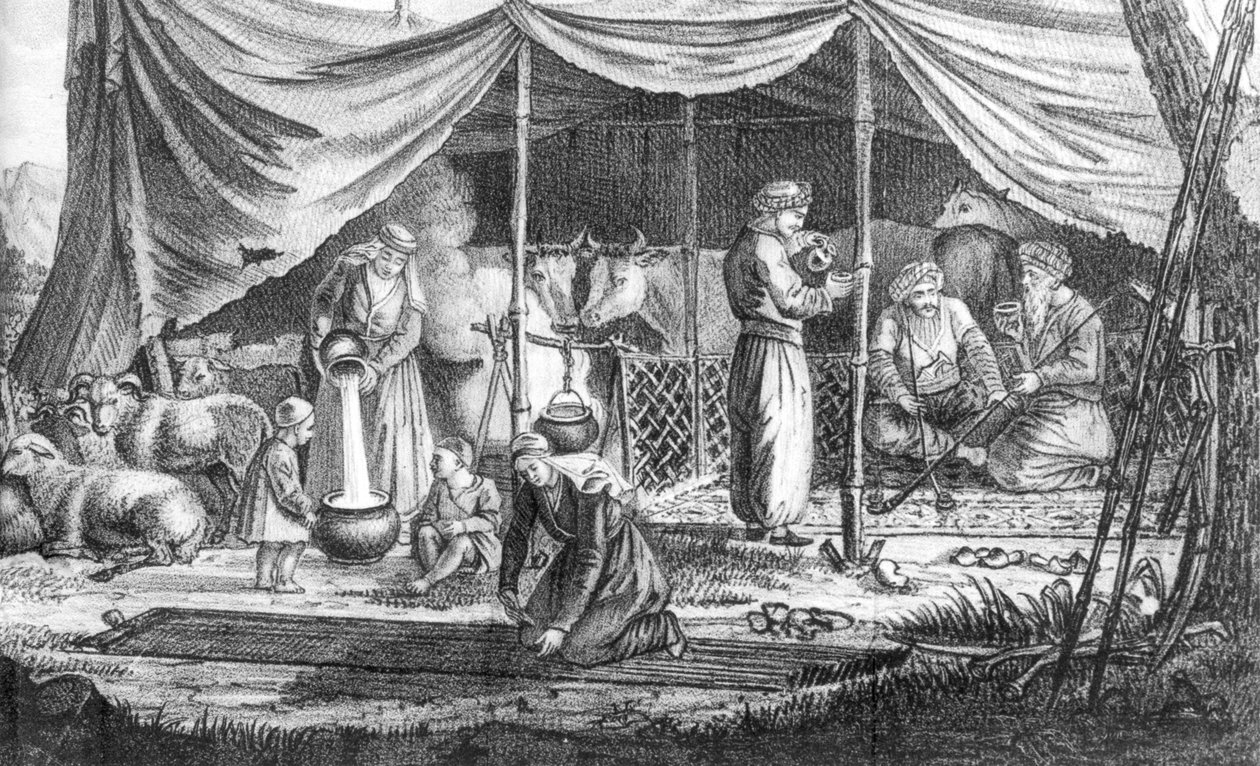 Una familia de nómadas kurdos, de Voyage en Perse por Gaspard Drouville, publicado en 1825 de French School