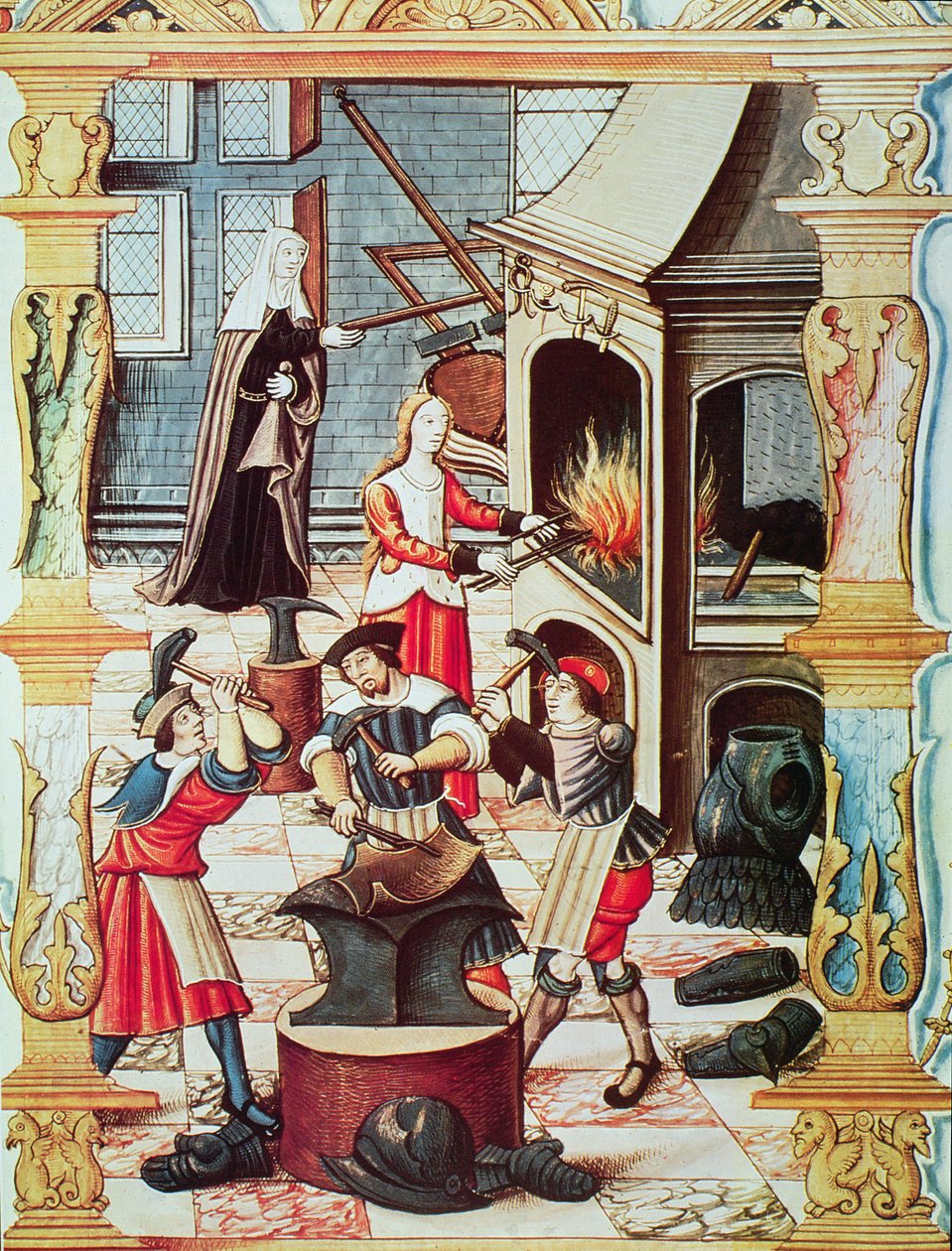 Una forja francesa del siglo XVI, copia de una miniatura de "Chants royaux sur la Conception couronnee du Puy de Rouen" (litografía en color) de French School