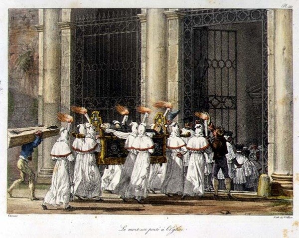 Procesión fúnebre en la puerta de una iglesia de French School