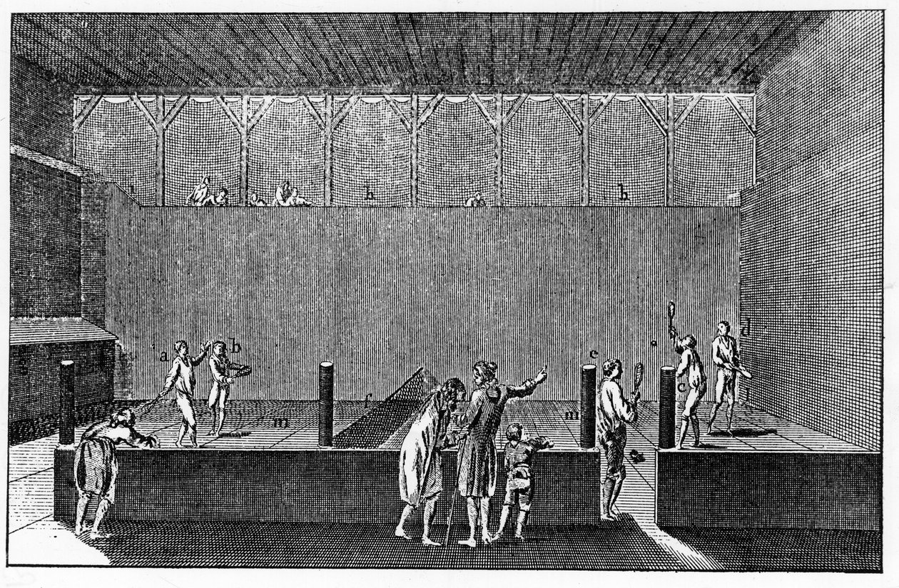 Un Jeu de Paume bajo el reinado de Luis XIV, basado en una impresión de la enciclopedia de Diderot y Alembert de French School