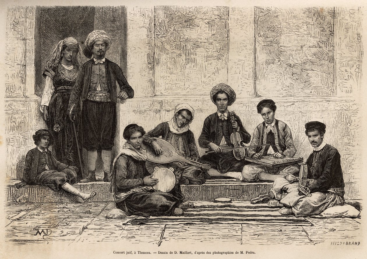 Una orquesta judía, en Tlemcen, invariablemente compuesta por 5 instrumentos: el rbab montado en 2 cuerdas; el kouistra, una especie de laúd; el kamendja, o violín; el centihr, una especie de caja trapezoidal plana y la derboucha, una especie de pandereta  de French School