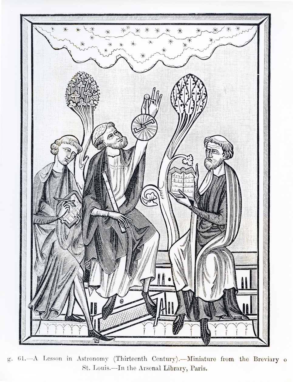 Una lección de astronomía, del Breviario de San Luis, ilustración de Ciencia y Literatura en la Edad Media y el Renacimiento, escrito y grabado por Paul Lacroix, 1878 de French School