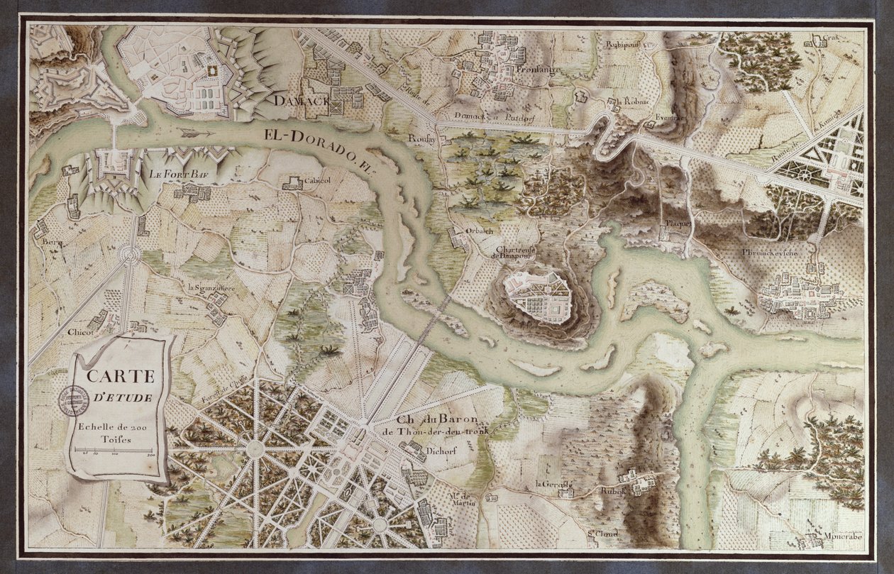 Un mapa inspirado en Cándido por François Voltaire (1694-1778) para un concurso organizado por la École Nationale des Ponts et Chaussées en París, finales del siglo XVIII de French School