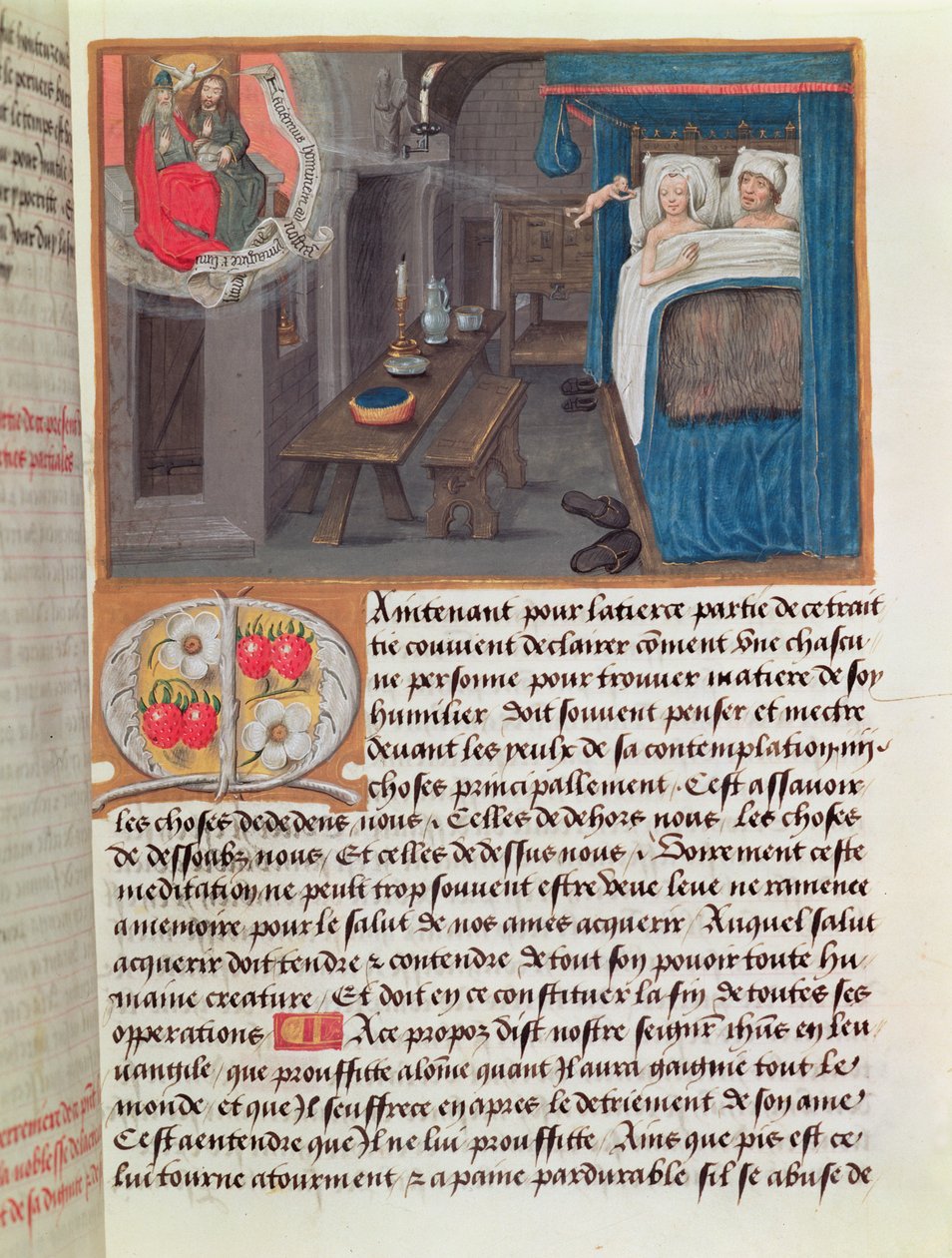 Una pareja casada en la cama recibiendo un niño de la Santísima Trinidad de French School