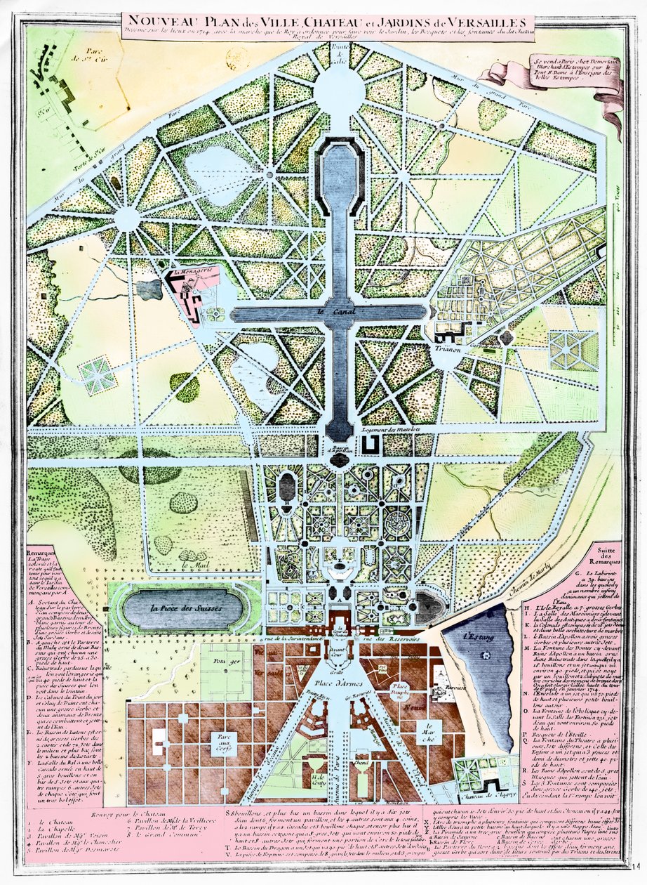 Un nuevo plan de la ciudad, el castillo y los jardines de Versalles, 1714 de French School