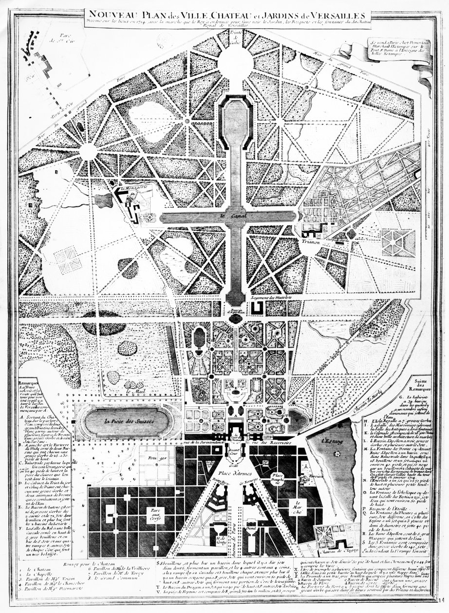 Un nuevo plano de la ciudad, el castillo y los jardines de Versalles, 1714 de French School