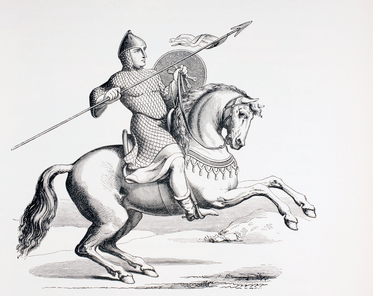 Un caballero normando vestido con cota de malla y casco llevando lanza y escudo de French School