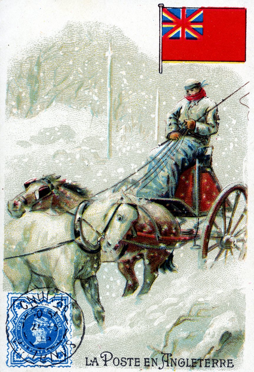 Un cartero en Inglaterra entregando correo en invierno, finales del siglo XIX de French School