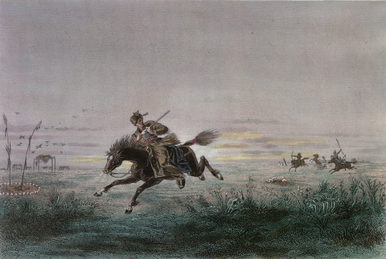 Un cartero del Pony Express estadounidense siendo atacado por nativos americanos de French School