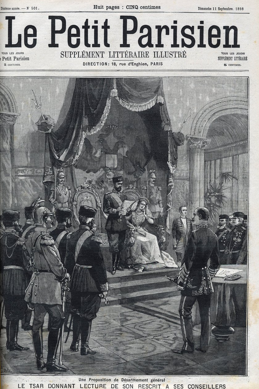 Una propuesta de desarme general (hecha a las potencias europeas) - El zar Nicolás II (1868-1918) leyendo su rescripto a sus asesores. Le Petit Parisien de French School