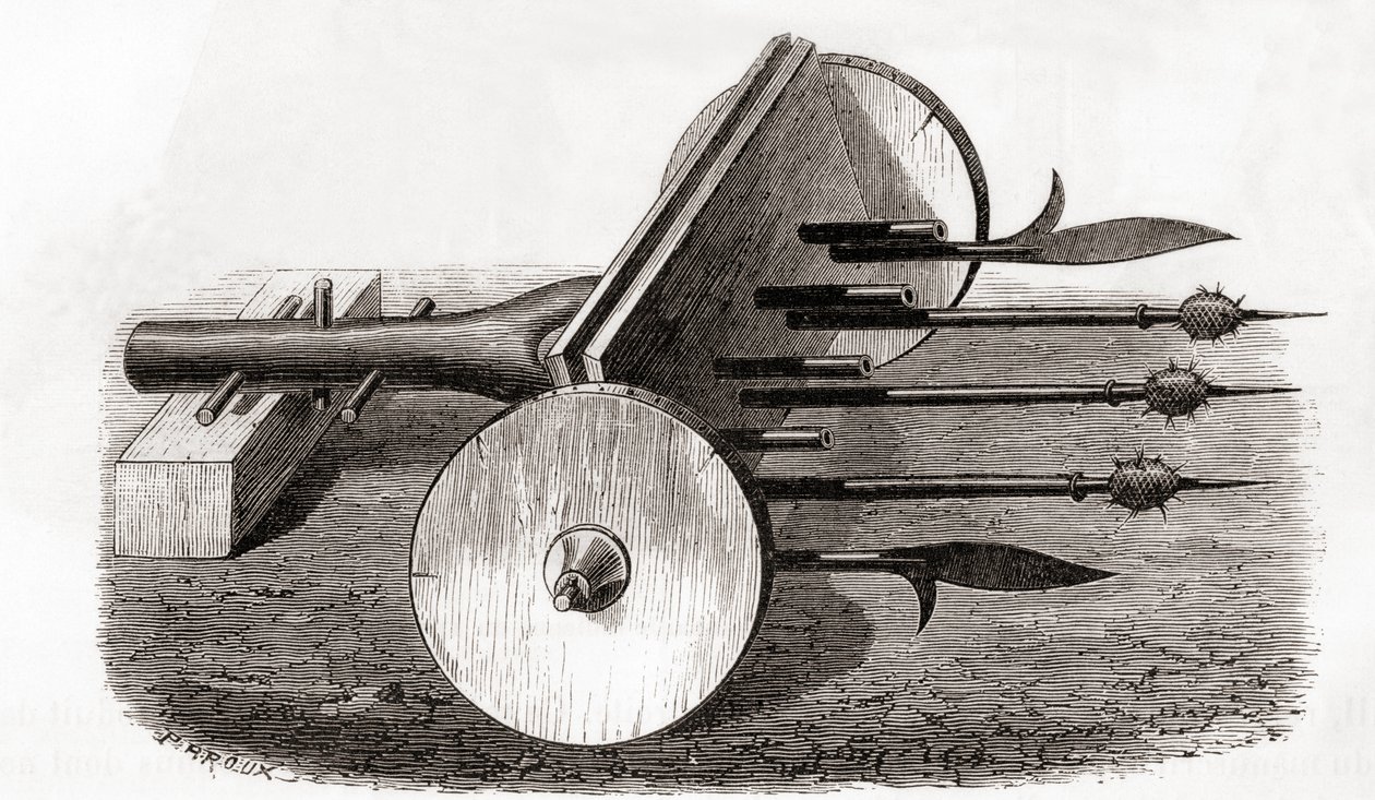 Un Ribauldequin, máquina infernal o cañón de órgano, armado con pequeños cañones y picas, de Les Merveilles de la Science, publicado c.1870 de French School