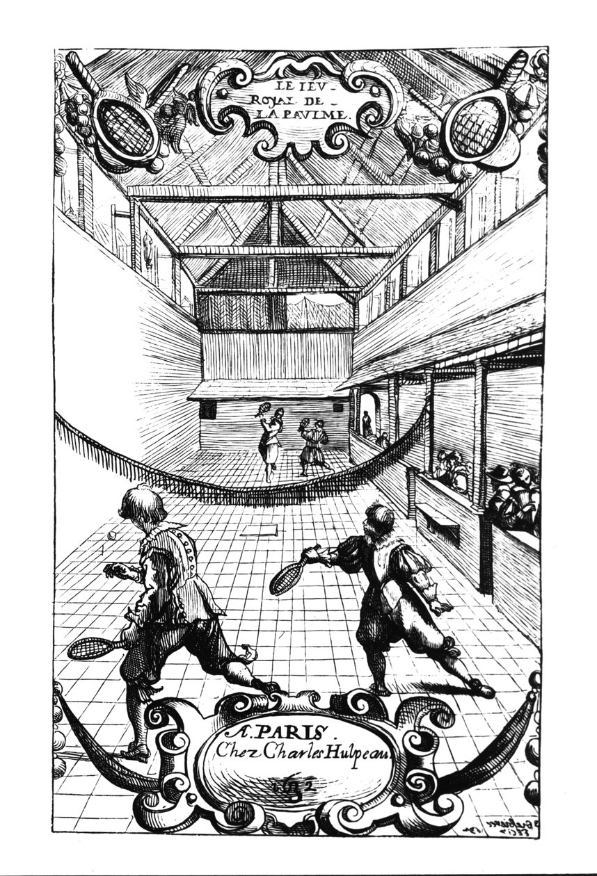 Un juego real de tenis en el Jeu de Paume, Versalles, publicado por Charles Hulpeau de French School