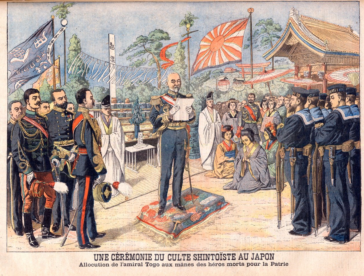 Una ceremonia sintoísta en Japón. El almirante Togo dirigiéndose a los espíritus de los héroes japoneses muertos en la guerra ruso-japonesa. Una ceremonia de culto sintoísta en Japón. Discurso del almirante Togo. de French School