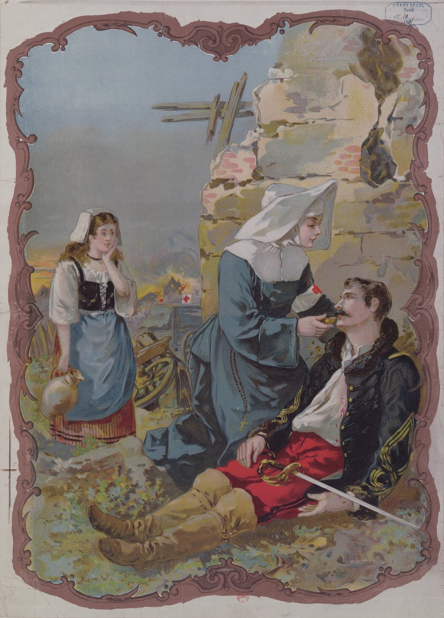 Una hermana ayudando a un soldado herido durante la Guerra de 1870, 1895 de French School
