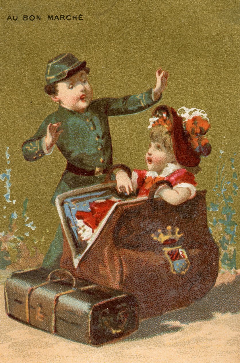 Una sorpresa en el equipaje, de una serie de ilustraciones de niños, producidas como tarjetas promocionales para los Grandes Almacenes Bon Marché en París, c.1890 de French School