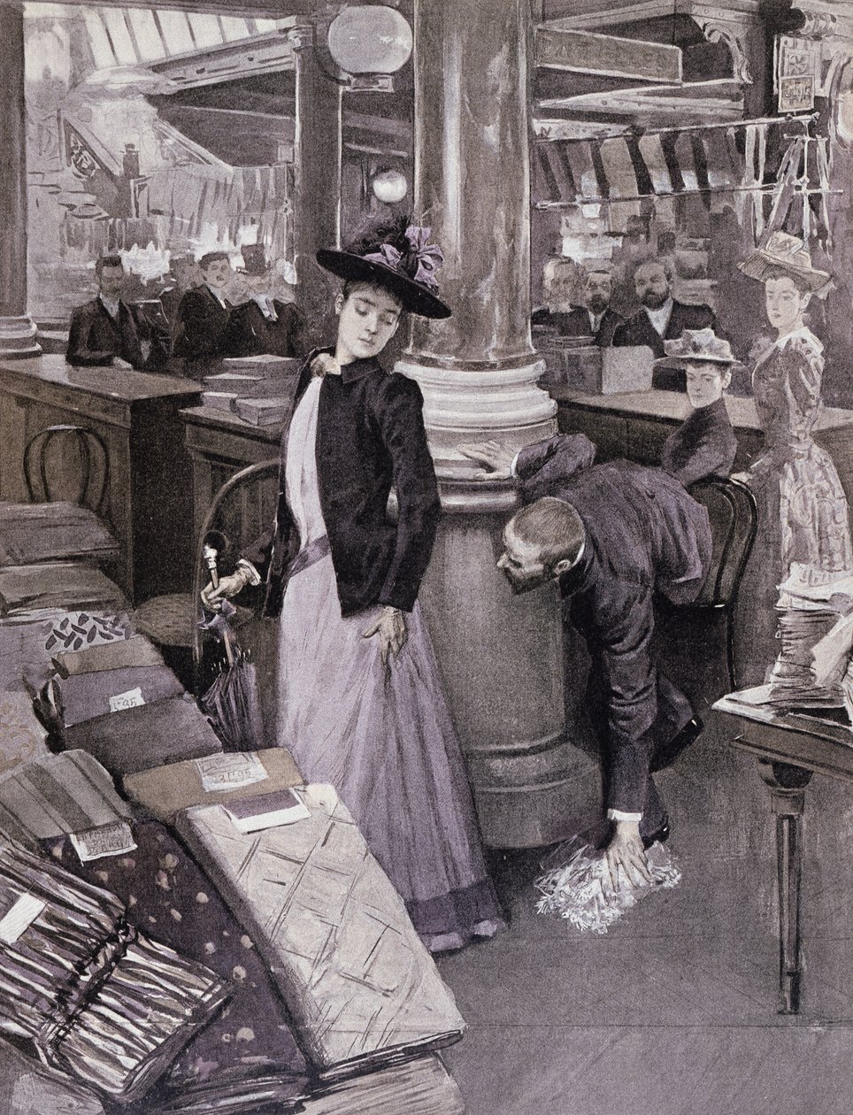 Un Ladrón en una Tienda por Departamentos en París, ilustración de Paradis des Dames, c.1895 de French School