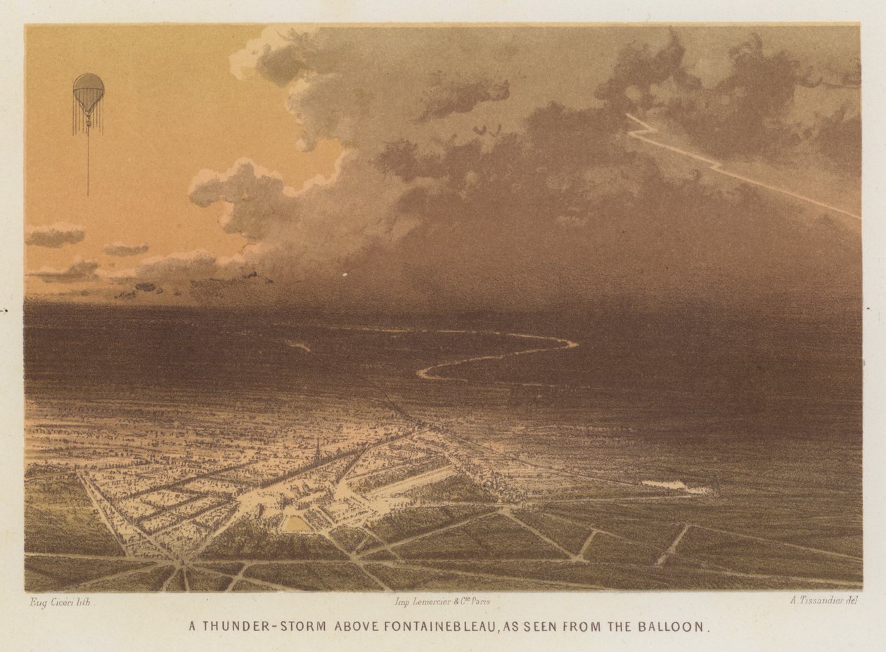 Una tormenta sobre Fontainebleau, vista desde el globo (litografía en color) de French School