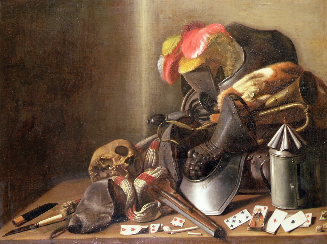 Bodegón de Vanitas con calavera, naipes y armadura, c.1650 (óleo sobre lienzo) de French School
