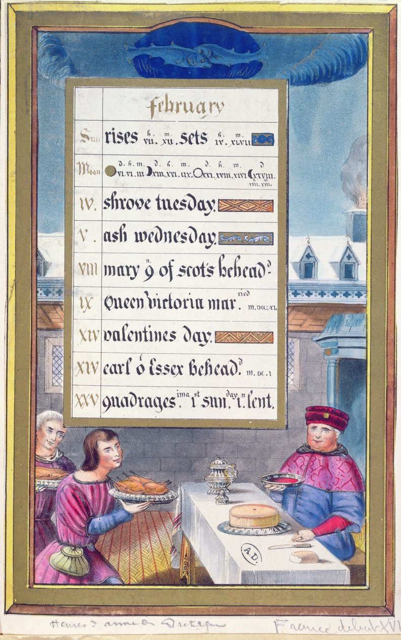 Hoja de calendario victoriano para febrero con una ilustración del Libro de Horas de Ana de Bretaña (1488-1514) de French School