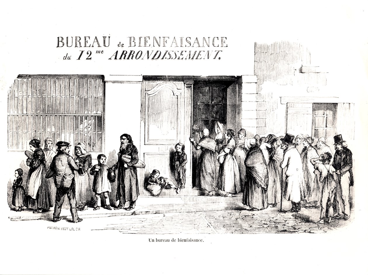 Una oficina de bienestar en el 12º distrito de París, c. 1870 de French School