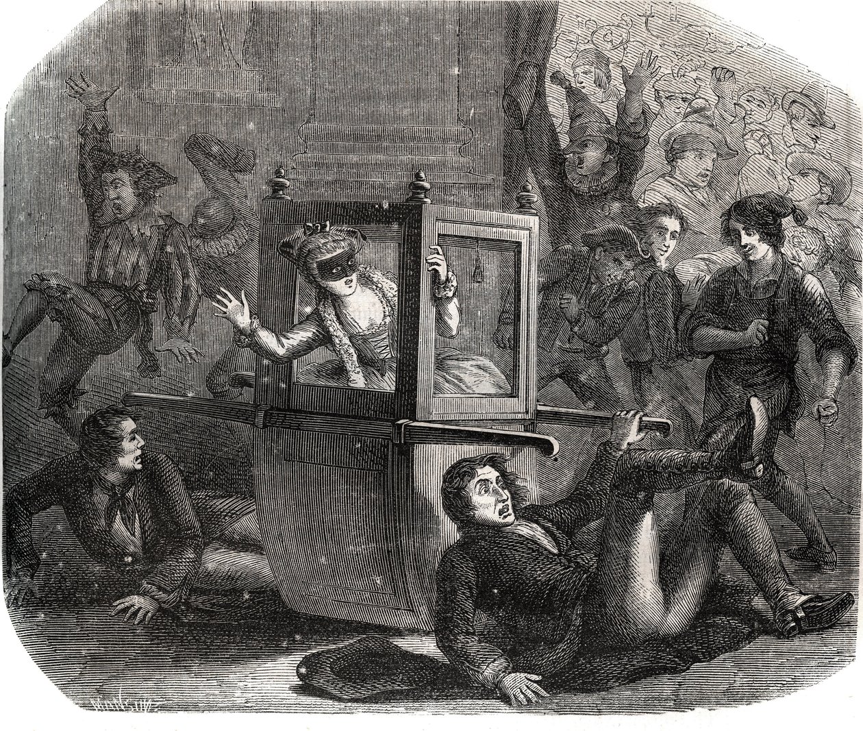 Una banda de bromistas impide que Marie-Thérèse Le Vasseur (1721-1801), disfrazada para el Carnaval, avance en su silla de ruedas. Es víctima de la venganza de uno de sus antiguos amantes. Grabado de 1871 en "Histoire Des Cocus Celebres" de French School