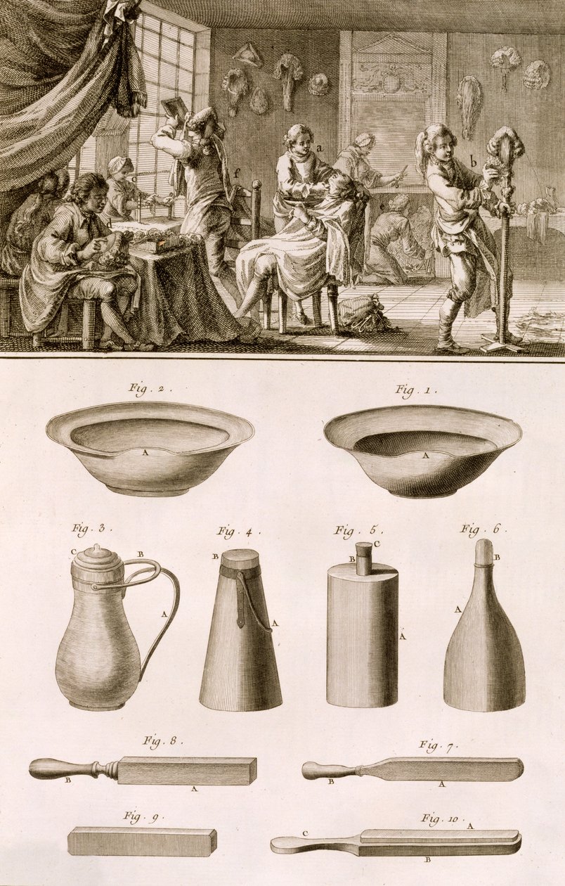 Barbería y herramientas de barbero, de la Encyclopedie des Sciences et Metiers de Denis Diderot (1713-84) publicada c.1770 de French School