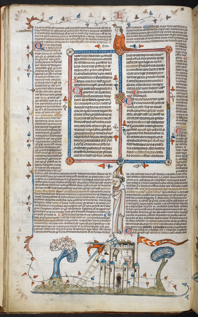 Una escena de bas-de-page de un hombre que intenta invadir un castillo, siendo asesinado por uno de los defensores, de Smithfield Decretals, Royal 10 E. IV, f.18v de French School
