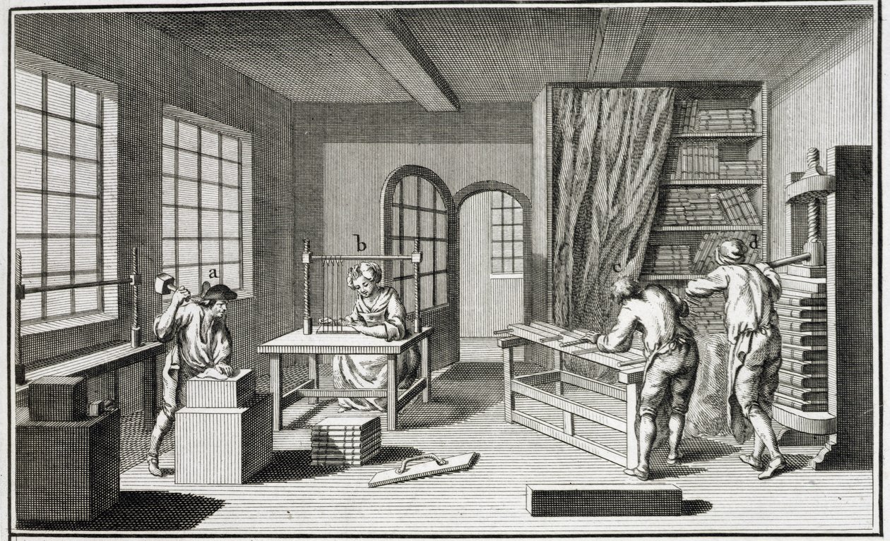 Taller de un encuadernador, de la Encyclopedie des Sciences et Metiers de Denis Diderot (1713-84) publicada c.1770 de French School