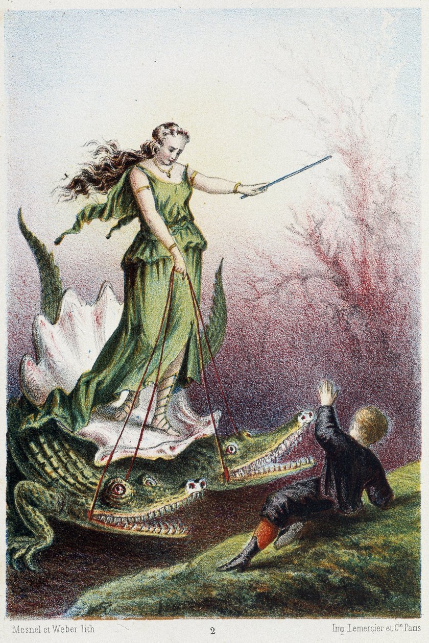 Un niño delante de una mujer montada en un tanque conducido por 2 cocodrilos - en "Viaje al fondo del mar" de H. de la Blanchère. París, ed. Jouvet et Cie, sd. 1880. (doble 02945) de French School