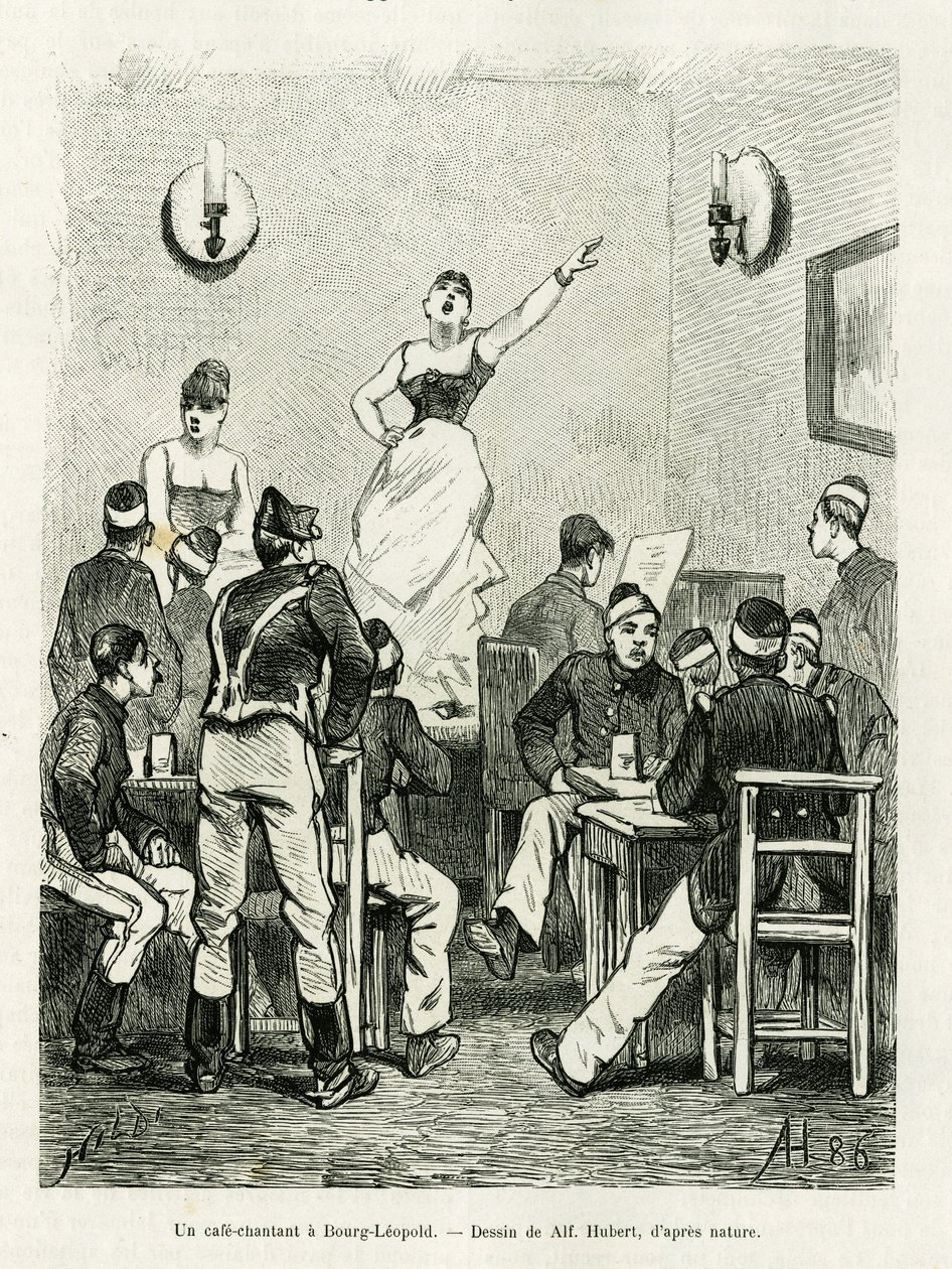 Un café cantante en Bourg Leopold. Grabado por A.Hubert para ilustrar la historia La Belgique, por Camille Lemonnier, en le tour du monde 1886, dirigido por Edouard Charton (1807-1890), Hachette, París de French School