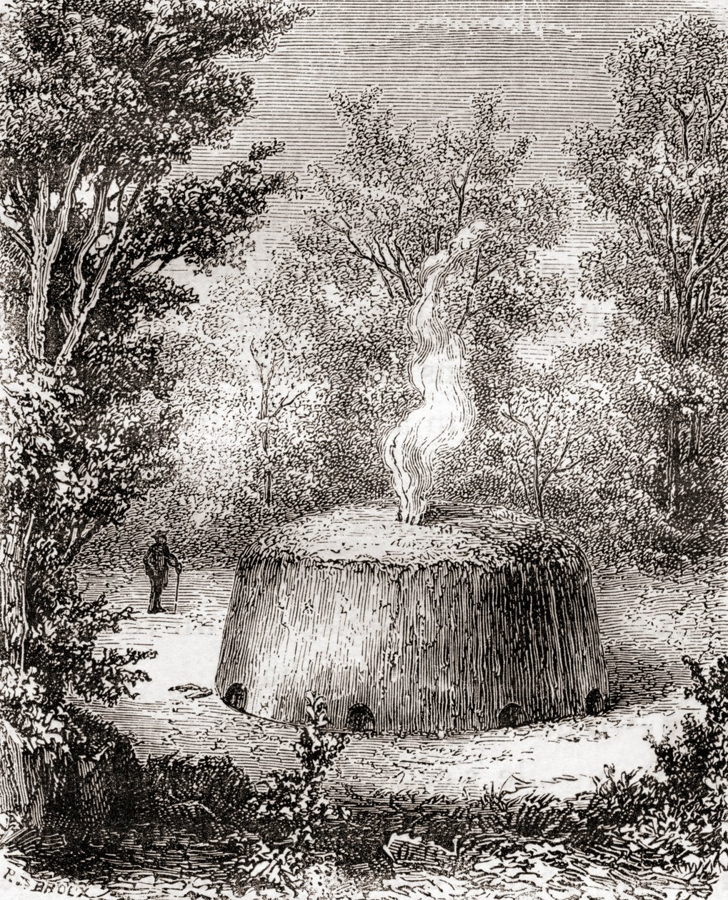 Un horno de carbón en el bosque, según un dibujo del siglo XIX, de Les Merveilles de la Science, publicado c.1870 (grabado) de French School