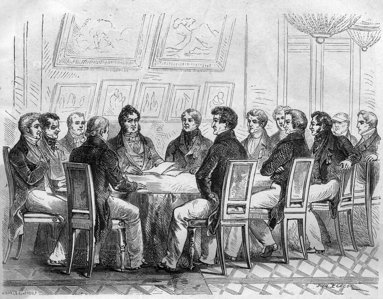 Un conciliábulo de diputados de la burguesía en el Palais Royal en París bajo Carlos X y la Restauración. Grabado en "Histoire des Papes-Rois-Queen and Empereurs a travers les siècles" por Maurice Lachatre. de French School