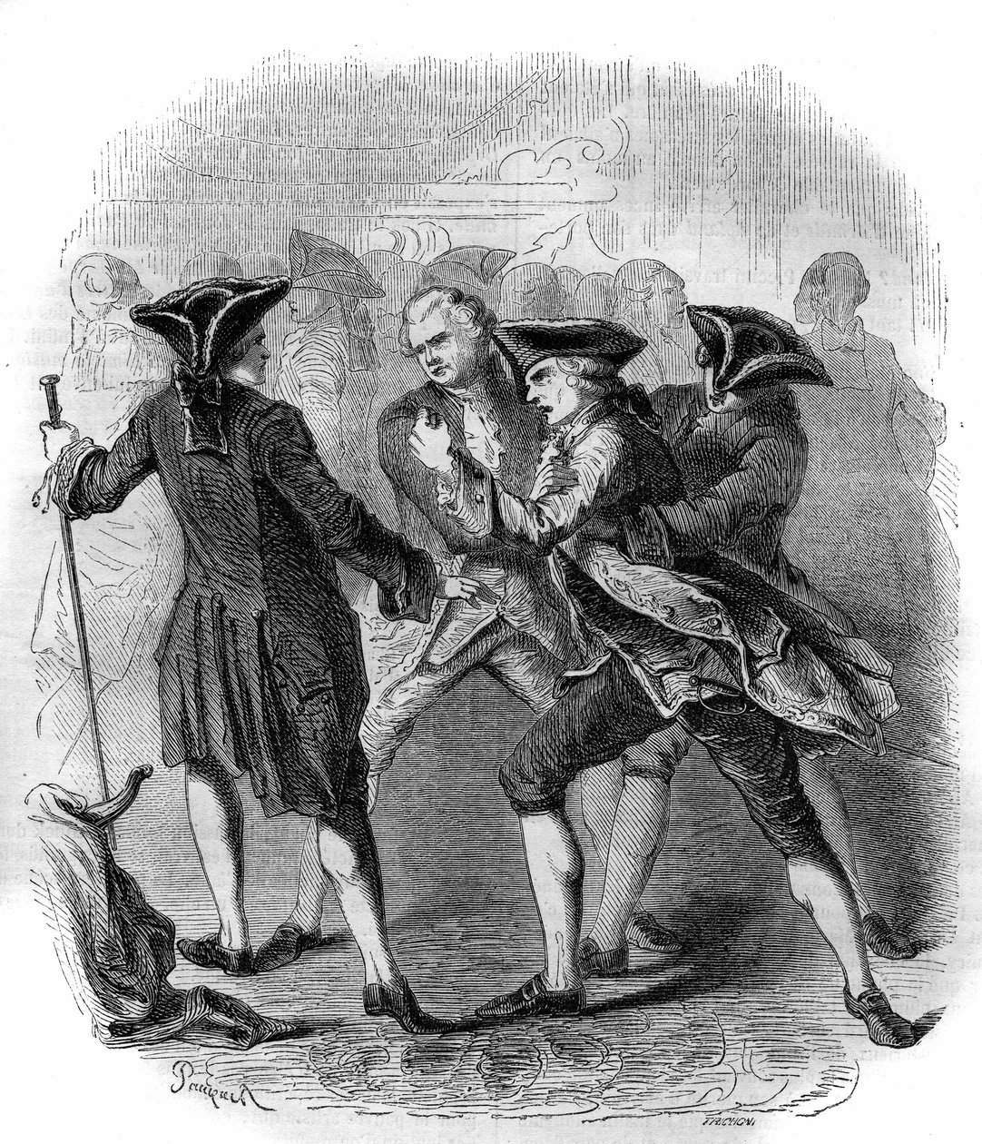 Una confrontación entre “Gluckistas” y “Piccinistas” ilustrando la rivalidad entre los compositores Christoph Willibald Gluck y Niccolò Vito Piccinni. Grabado de 1856. de French School