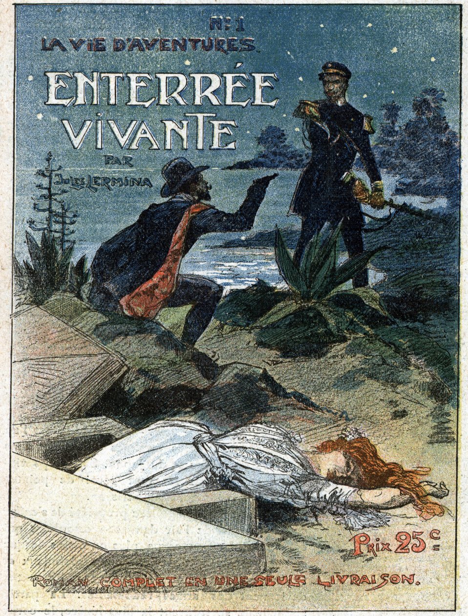 Un arma criminal con una pistola amenaza a un agente de la ley que lo atrapó mientras intentaba enterrar el cuerpo de una mujer. Ilustración para "Entierro en vida" de Jules Lermina (1839-1913). Uno de los periódicos "Vida de Aventuras". Grabado en "Journa de French School
