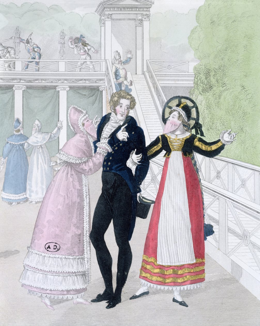 Un dandi cortejado por dos mujeres enmascaradas, de la serie Le Bon Genre de French School