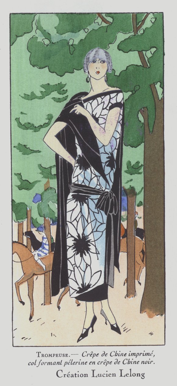 Un día en las carreras - moda femenina de los años 20 del diseñador Lucien Lelong (litografía en color) de French School