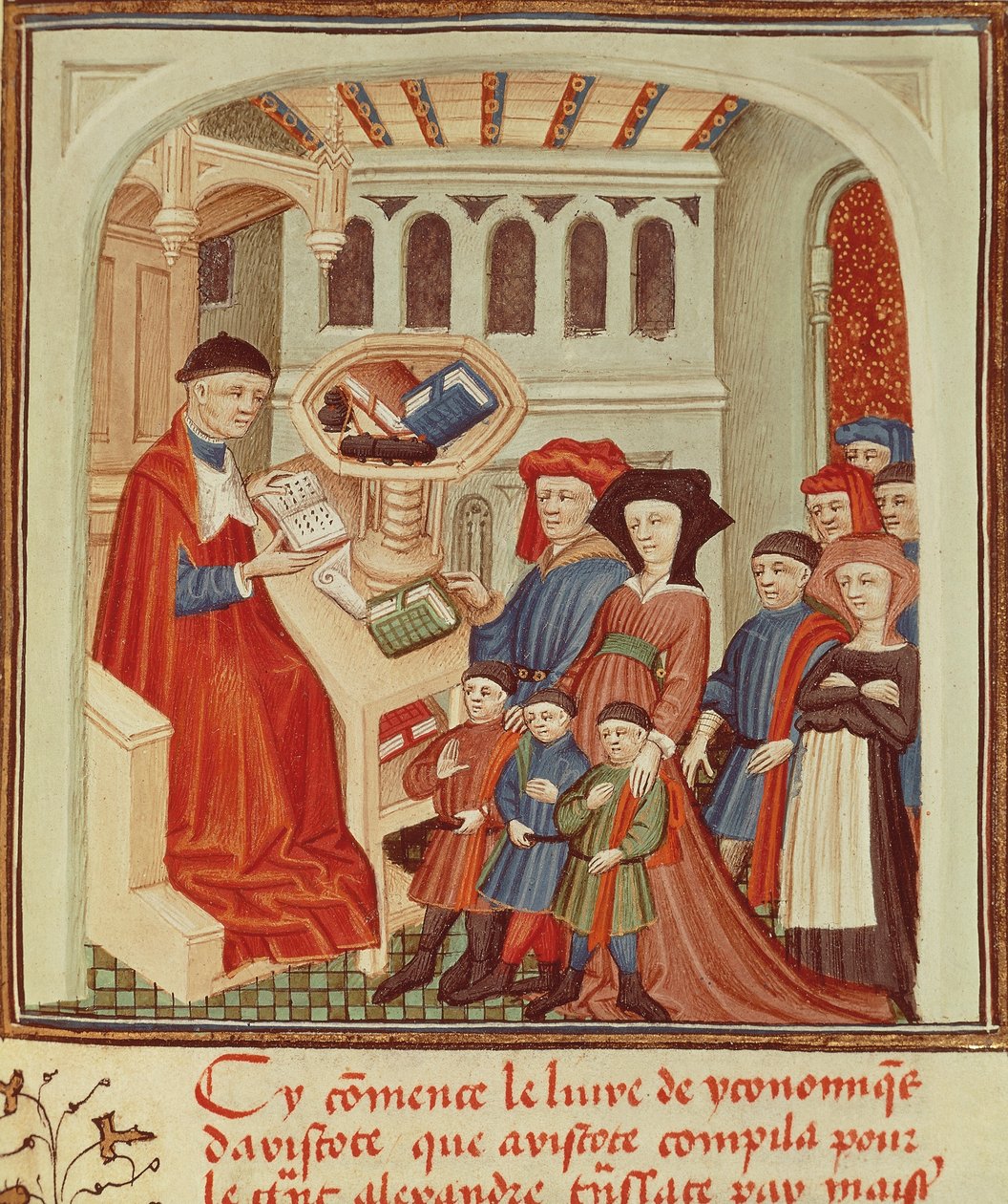 Una familia frente a un financiero, miniatura de Ética, Política, la Economía de Aristóteles, Francia de French School
