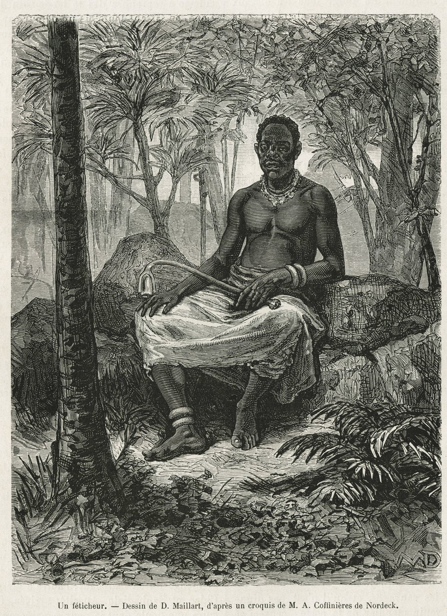 Un feticheur, hechicero capaz de utilizar la fuerza mágica de los fetiches, dibujo de D.Maillart, para ilustrar el relato de un viaje a Gabón y al río Ogoue, en 1875-1877, de Alfred Marche. Grabado en Le tour du monde de French School