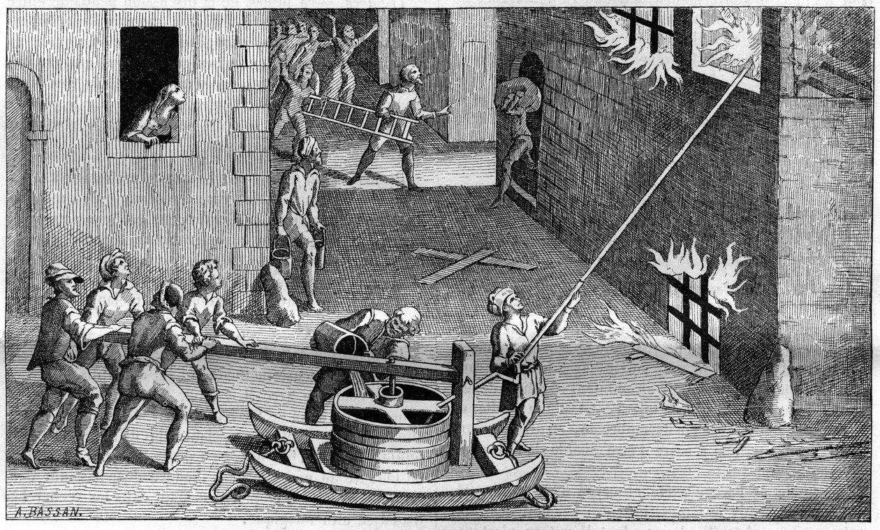 Una bomba de incendios a principios del siglo XVII, después de Solomon de Caux de French School