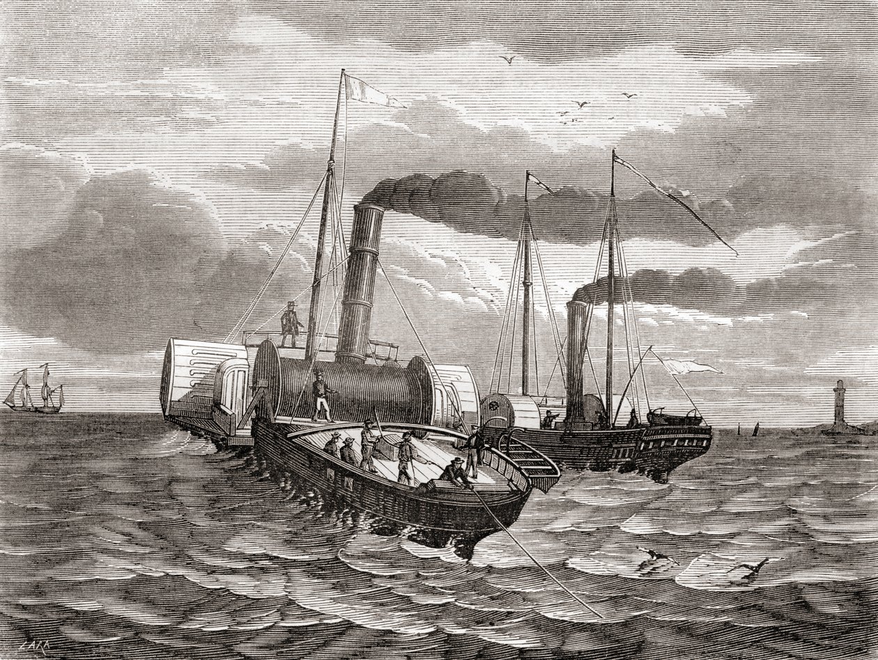 Primer intento en 1850 de la Anglo-French Telegraph Company de John Watkins Brett de tender la primera línea bajo el Canal de la Mancha, de Dover a Calais, utilizando los remolcadores transformados Goliath y Widgeon, de Les Merveilles de la Science, public de French School