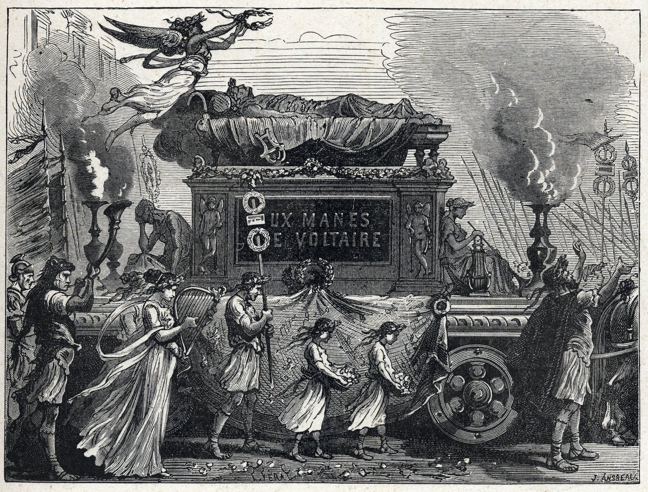 Un carro fúnebre llevando el cuerpo de Voltaire (François Marie Arouet) de French School