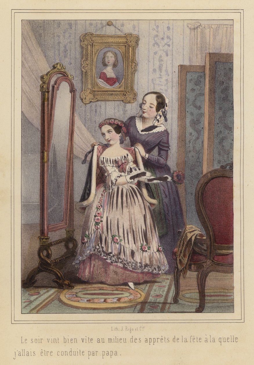 Una chica se prepara para ir a una fiesta (litografía en color) de French School