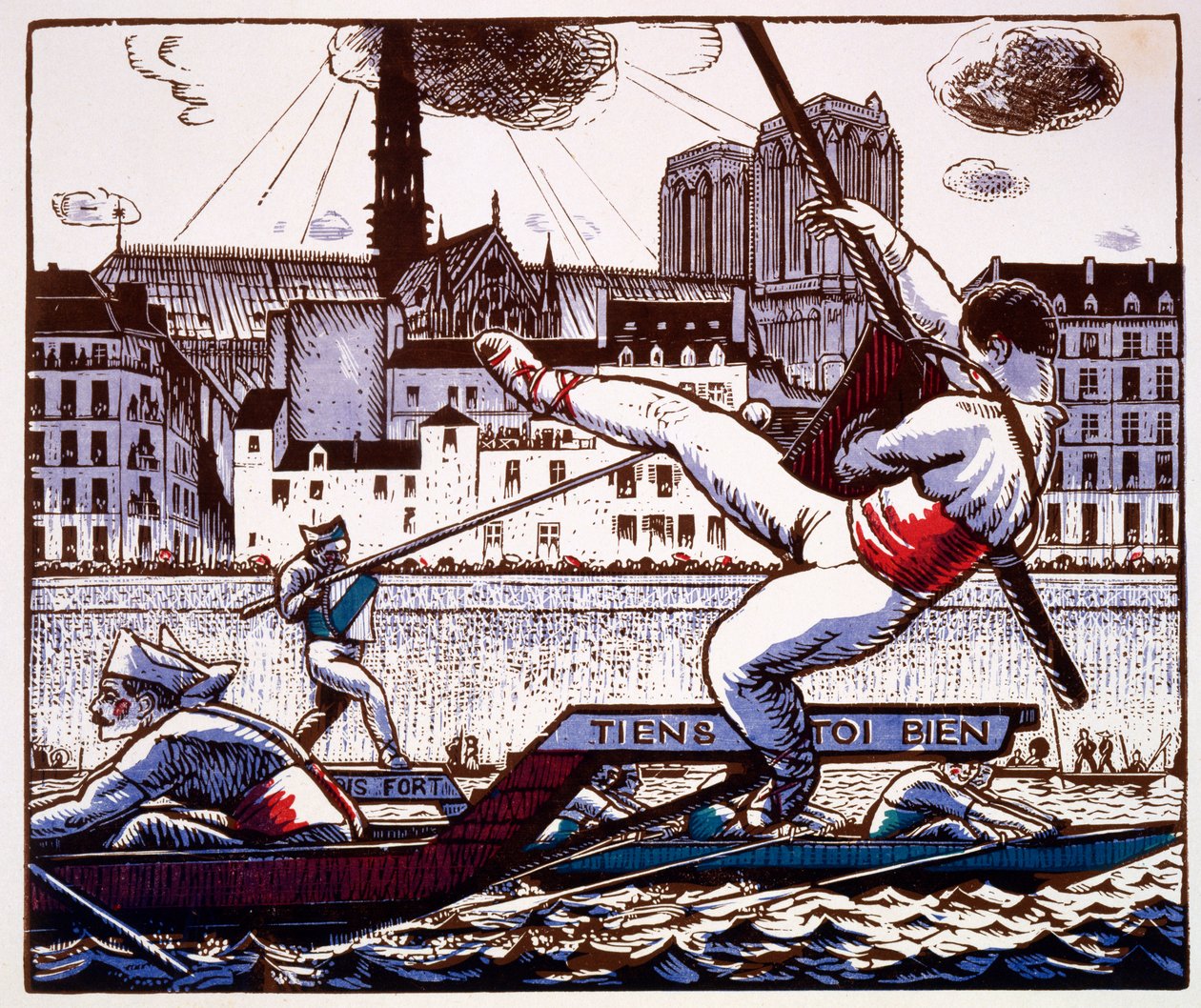 Un concurso de justas en un festival fluvial en el Sena, París, c.1890-1920 (grabado en madera a color) de French School