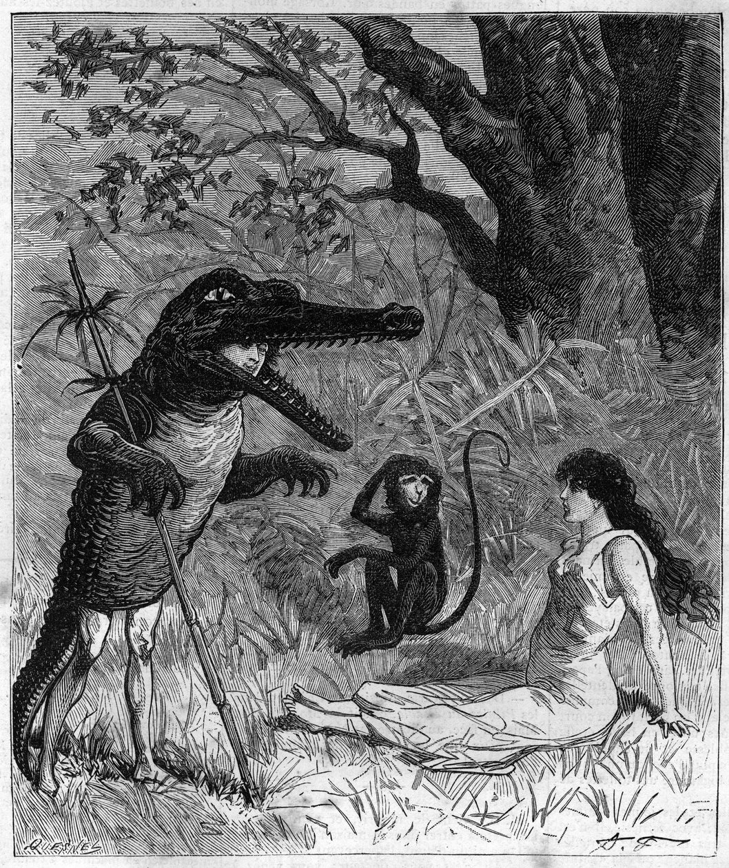 Un hombre con piel de cocodrilo habla con una joven que está desmayada bajo la mirada de un mono. Ilustración de “Viaje alrededor del mundo del marinero Biribi” de Theodore Labourieu y Saint Vrin (Saint-Vrin). Grabado de 1880 en “La republique illustree” de French School