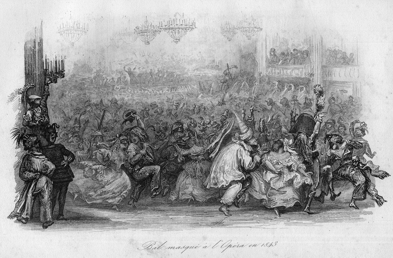 Un baile de máscaras en la Ópera de París en 1843. (“El carnaval” canción por Marc-Antoine Madeleine Desaugiers) en “CHANS et CHANS POPULES DE LA FRANCE - 1843 - H.- L. DELLOYE, editor, LIBRERÍA DE GARNIER. de French School