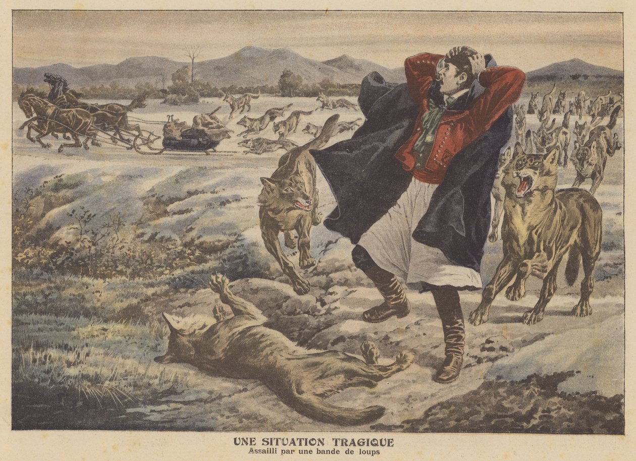 Un comerciante atacado por una manada de lobos en Transilvania (litografía en color) de French School