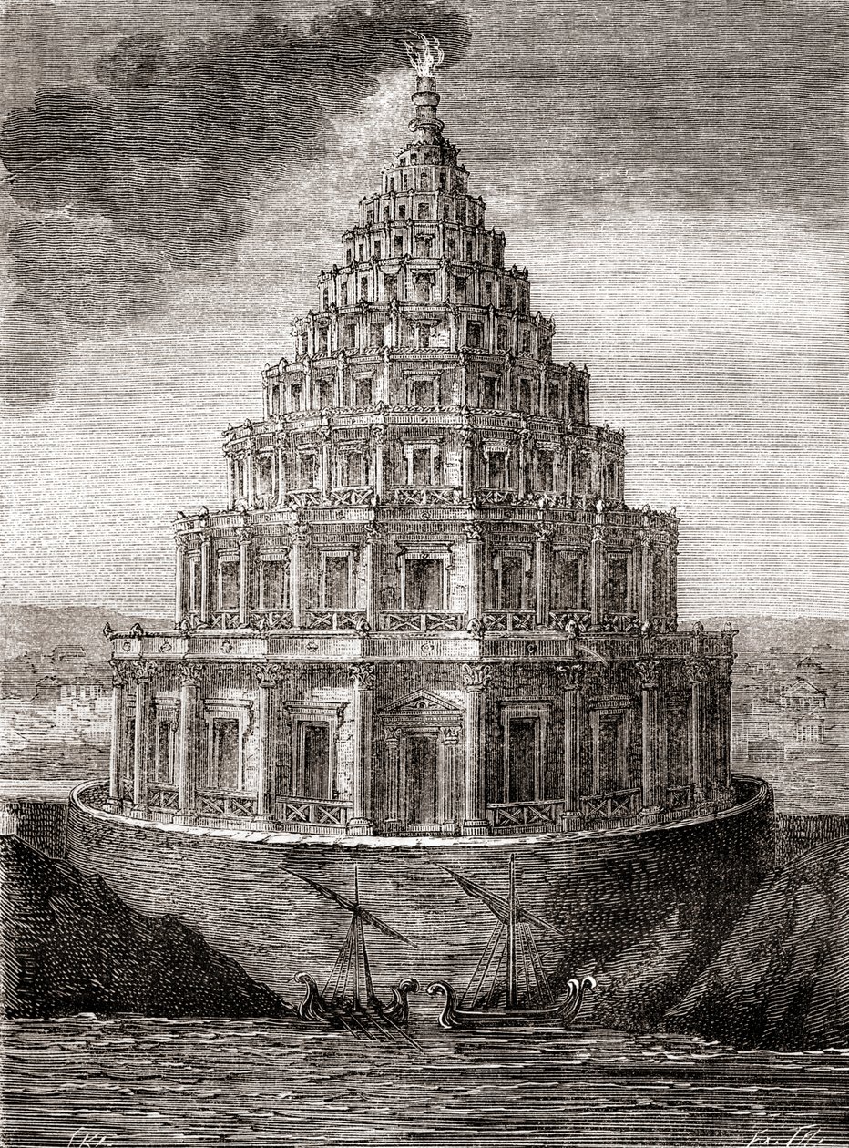 Representación imaginaria del Faro de Alejandría (grabado del siglo XIX) de French School